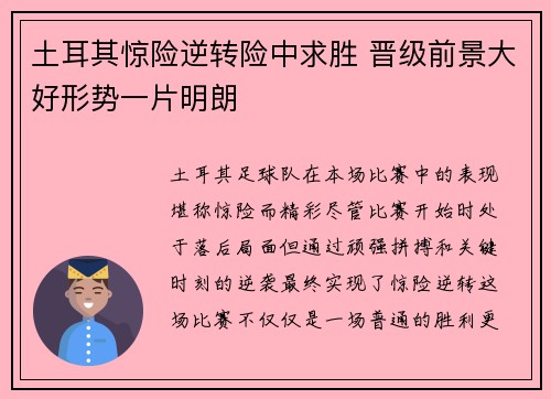 土耳其惊险逆转险中求胜 晋级前景大好形势一片明朗