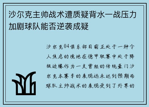 沙尔克主帅战术遭质疑背水一战压力加剧球队能否逆袭成疑